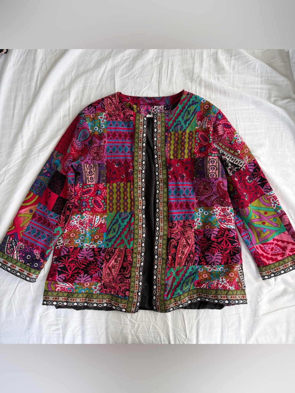 Boho Patchwork design fabric Open Front Jacket - Pink Multi- NEW
